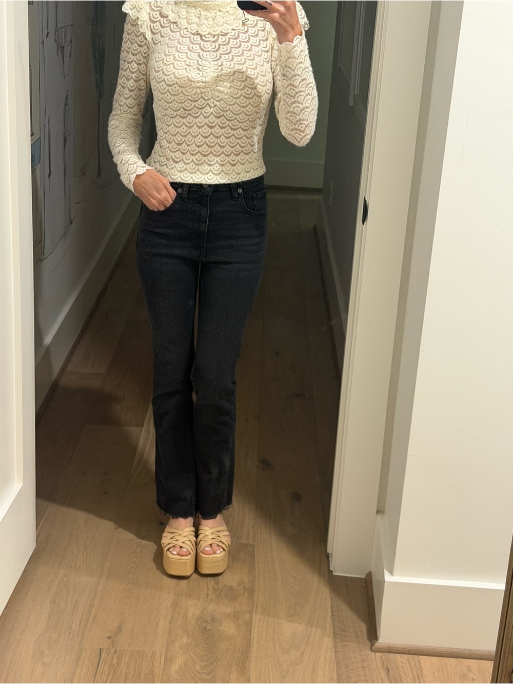 NWT FARM Rio Scalloped Lace Mock Neck Top Off-White XS